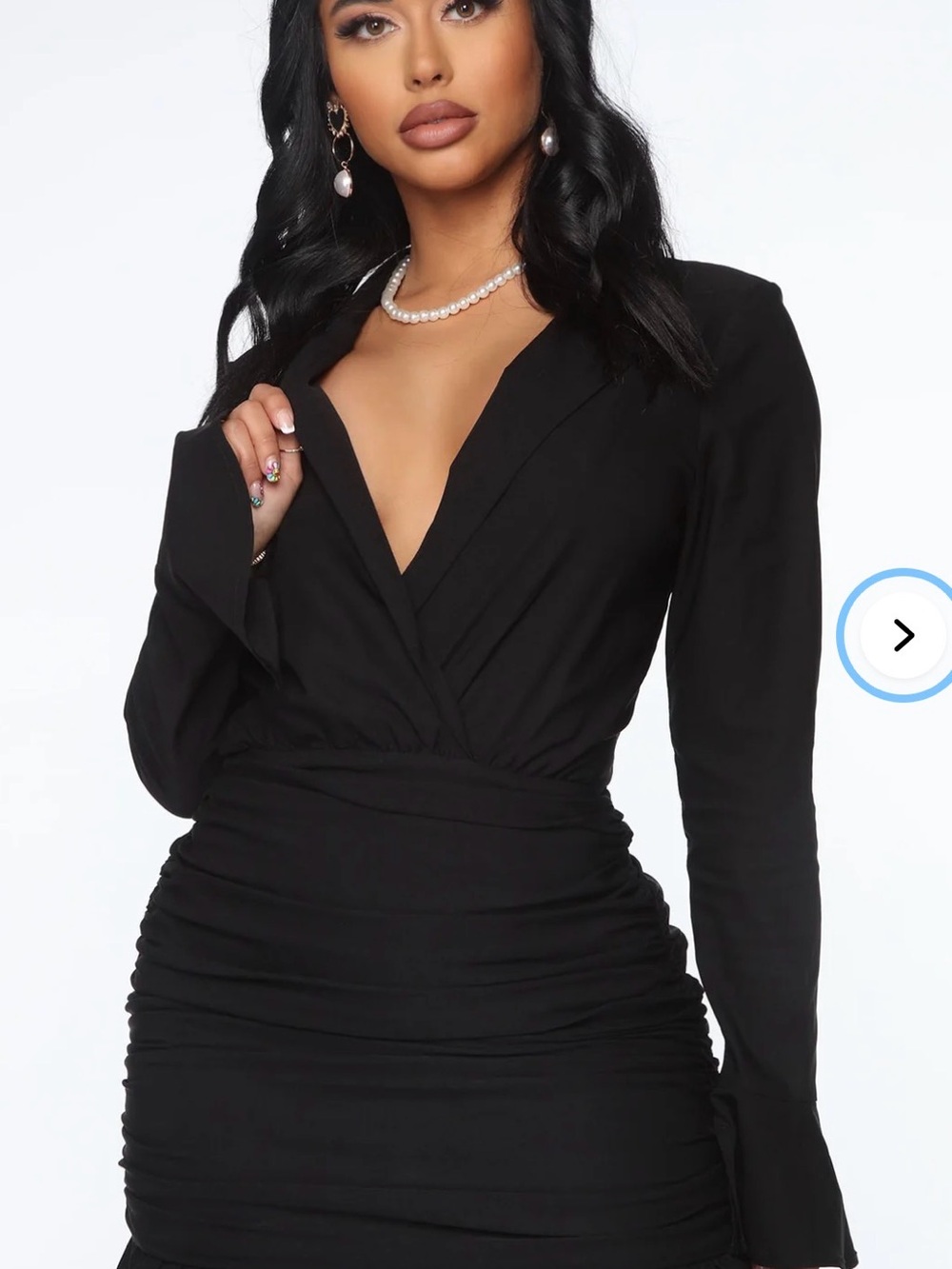 Fashion Nova Black Long-Sleeve V-Neck Ruched Women's Dress